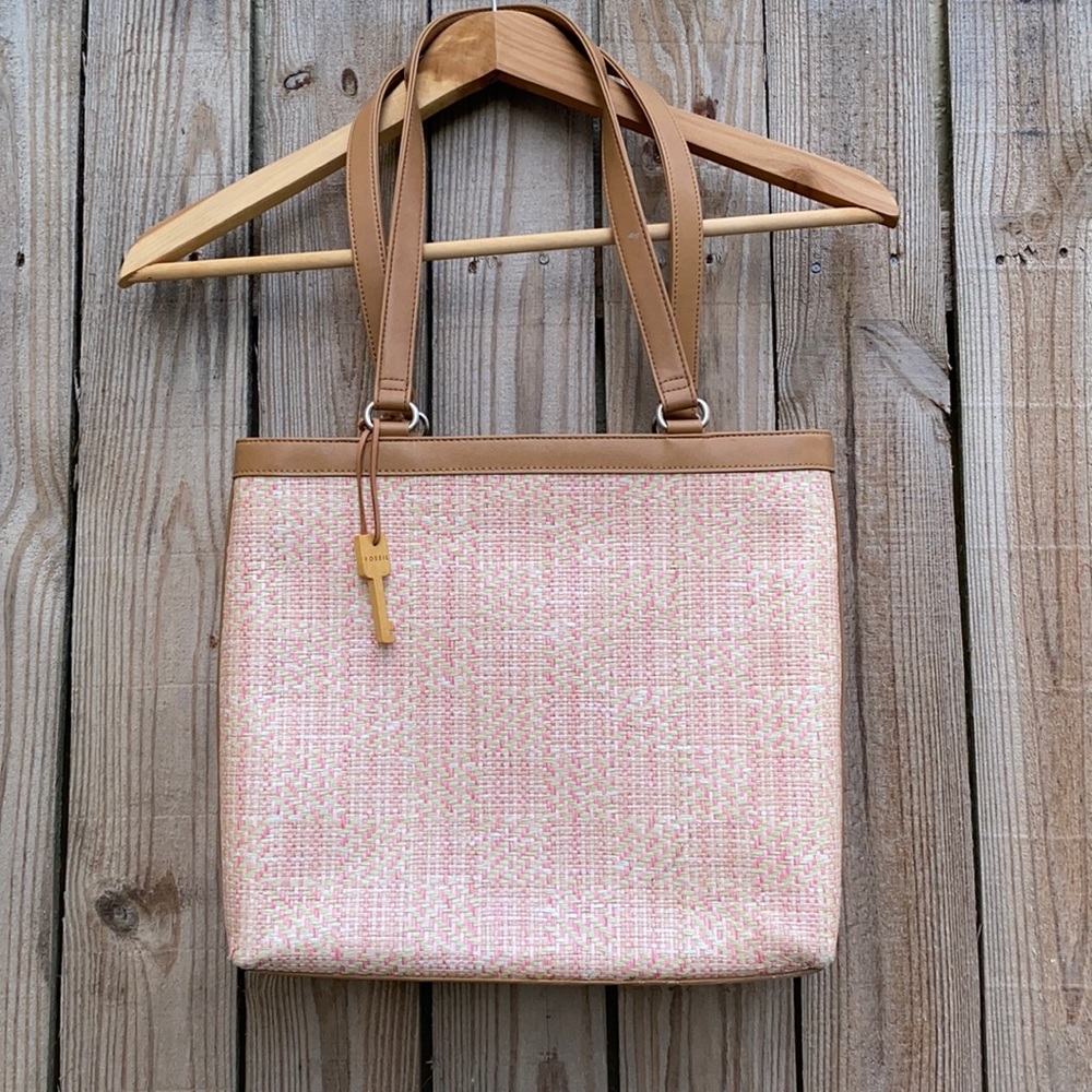 Gently Used Fossil Green & Pink Shoulder Bamboo Woven Bag